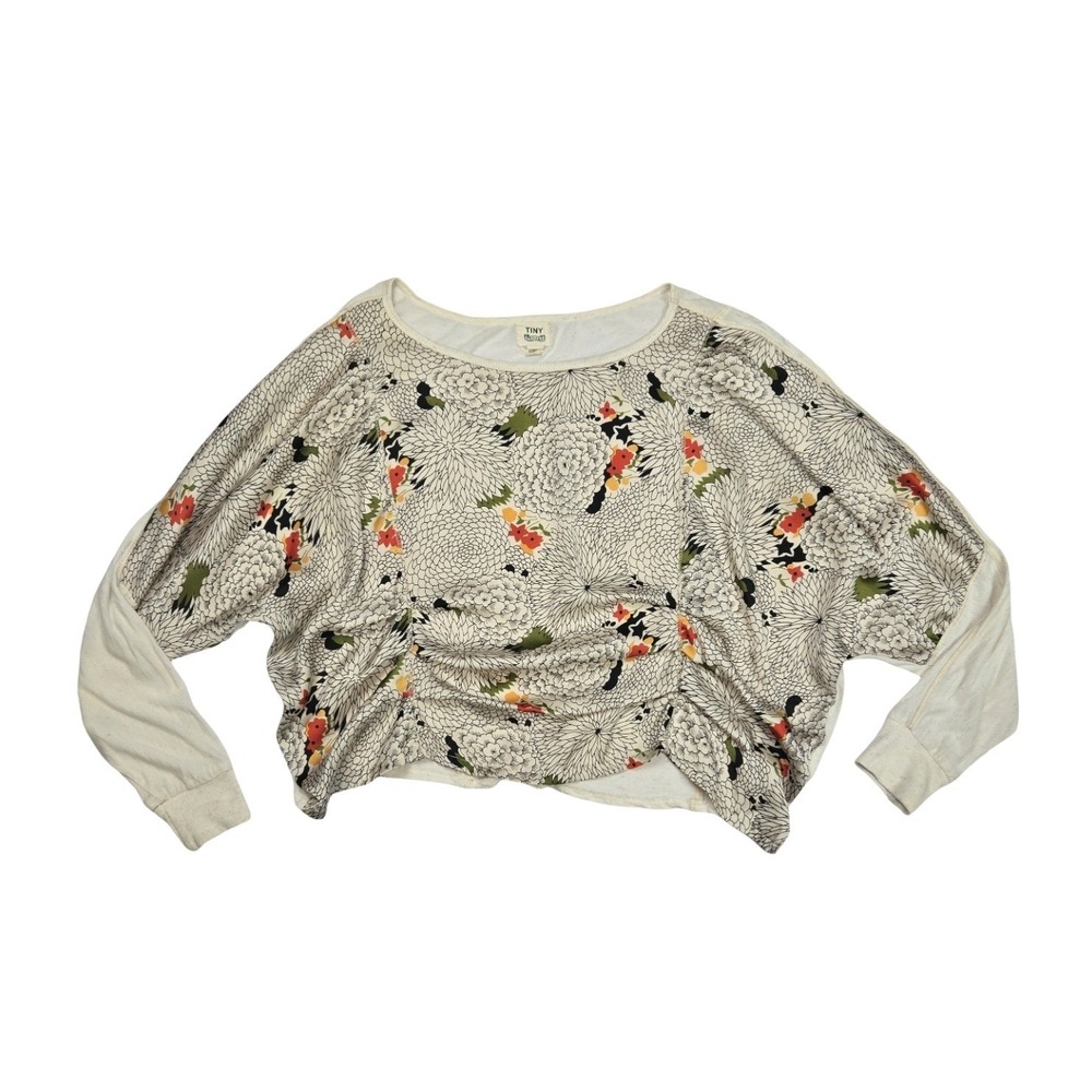 Tiny Petites Womens Floral Chrysanthemum Ruched Dolman Sleeve Knit Top Cream